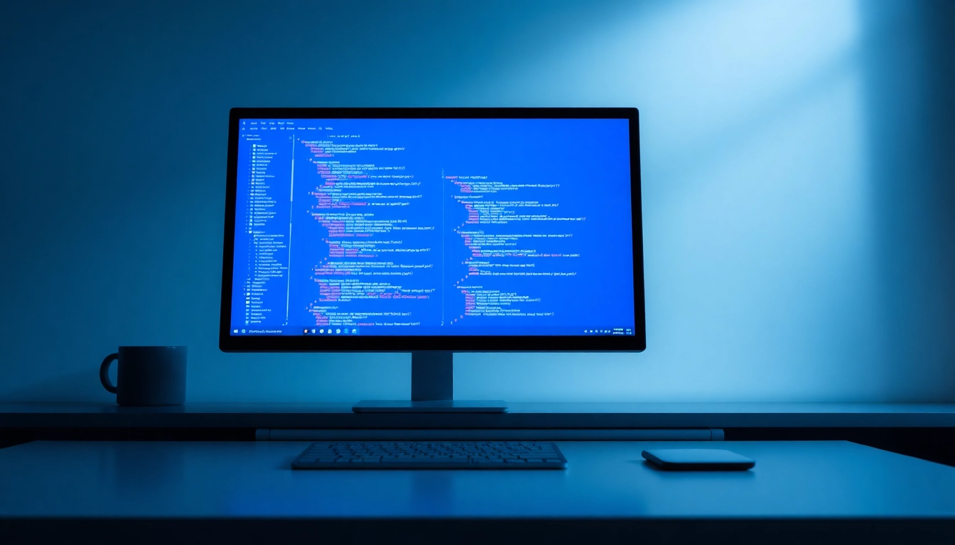 Navigate https://32win.show/ for Windows API tutorials, featuring a developer working on Win32 application interfaces in a high-tech environment.