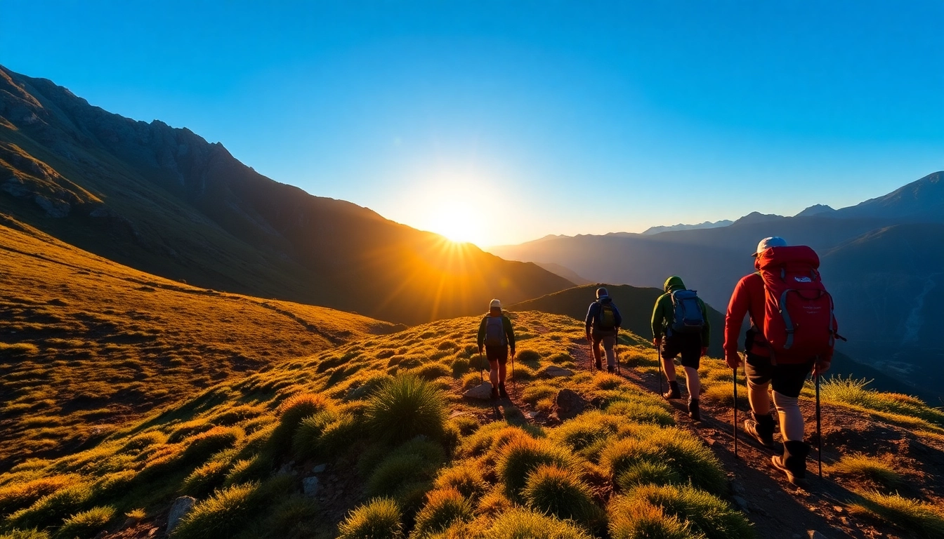 Hiking enthusiasts enjoying a scenic trail in the mountains, emphasizing adventure and outdoor activity in Indonesia context.
