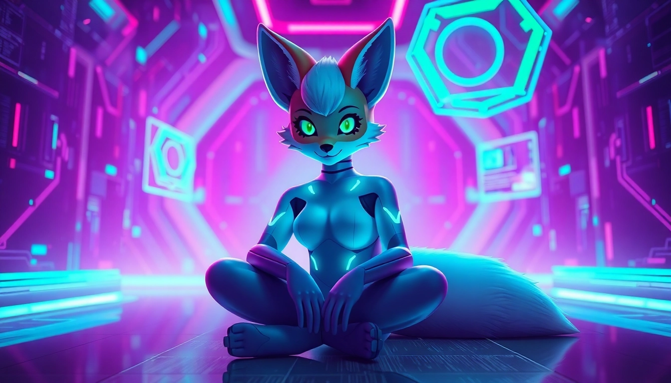 Futuristic digital scene with an AI character, vibrant neon colors, and immersive visual elements.