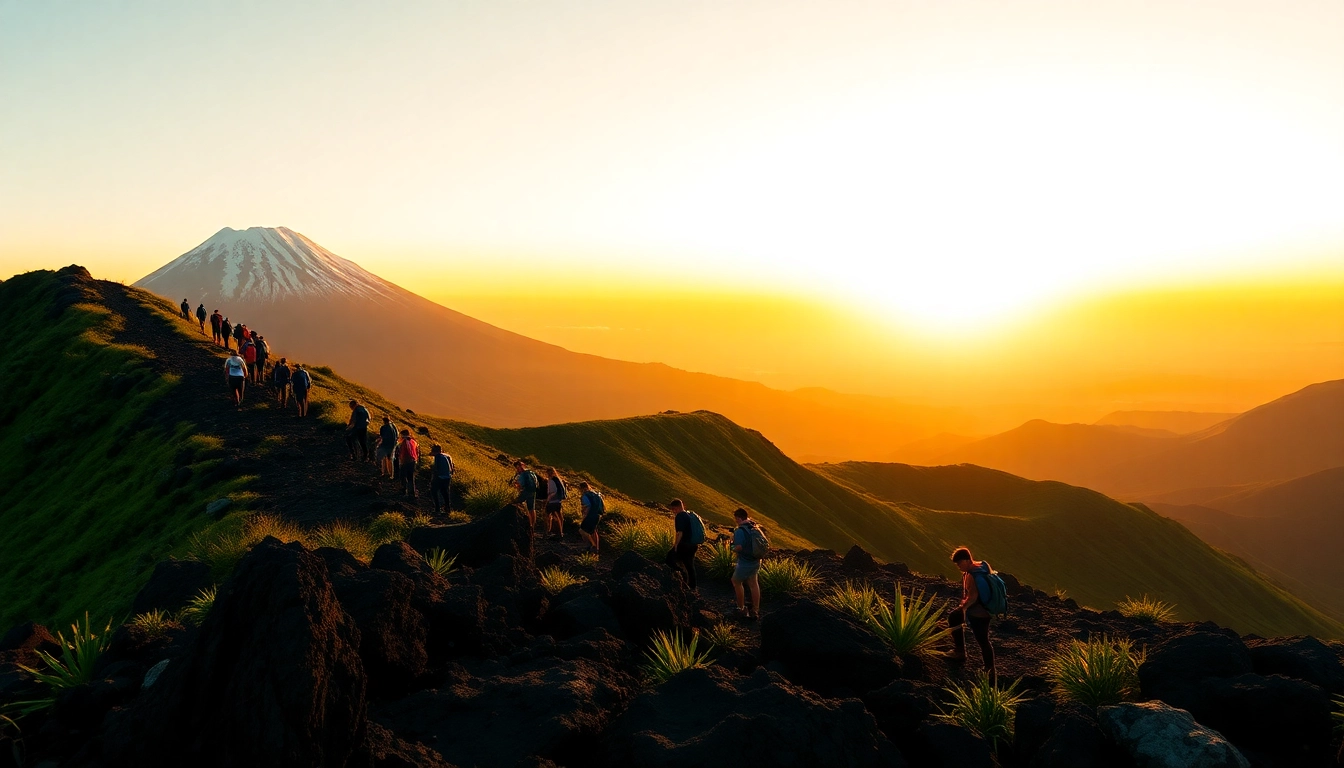 Hikers ascending Mount Rinjani at sunrise with a colorful sky and lush landscape