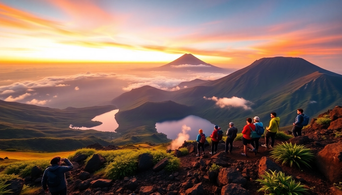 Hikers at Mount Rinjani's crater rim during sunrise with stunning mountain views