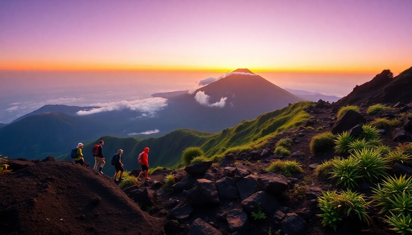 Hikers reaching the crater rim of Mount Rinjani at sunrise with a colorful sky and lush green landscape.