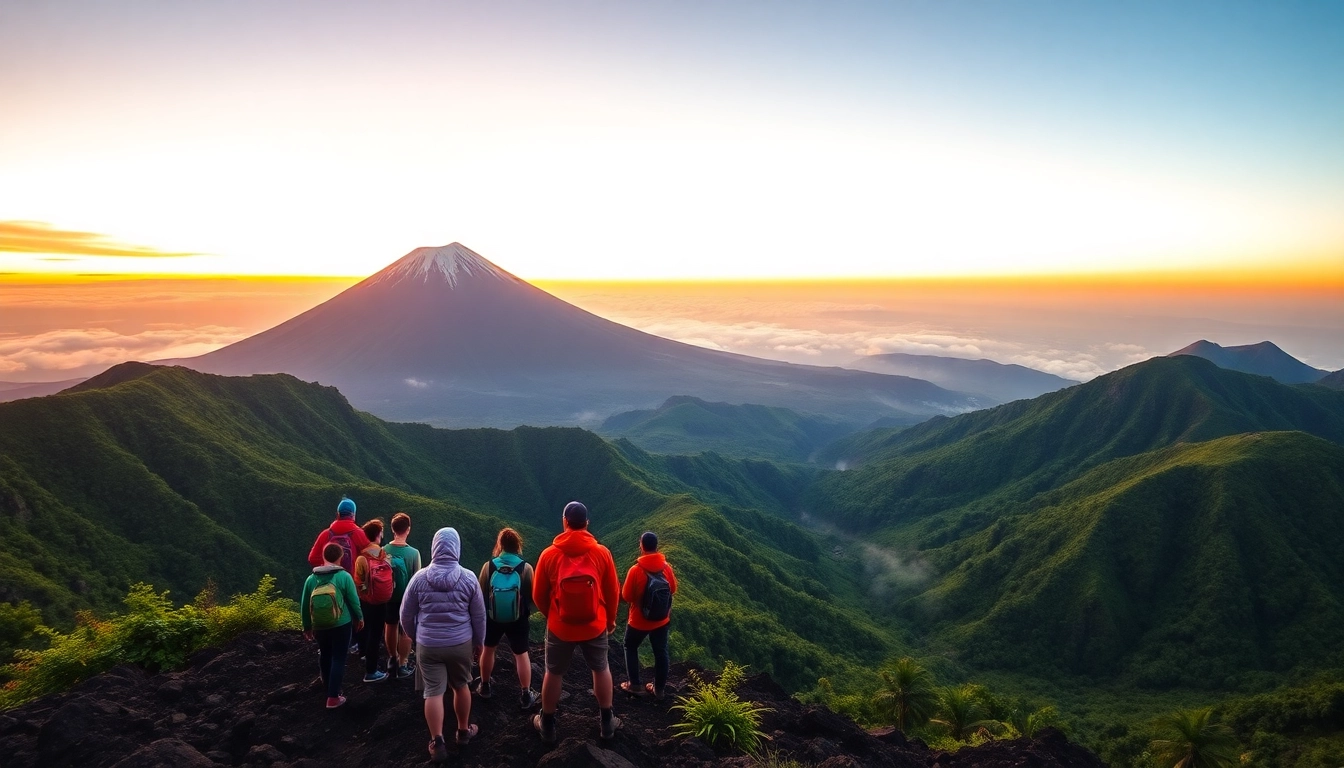 Hikers overlooking Mount Rinjani at sunrise with lush green slopes and colorful sky