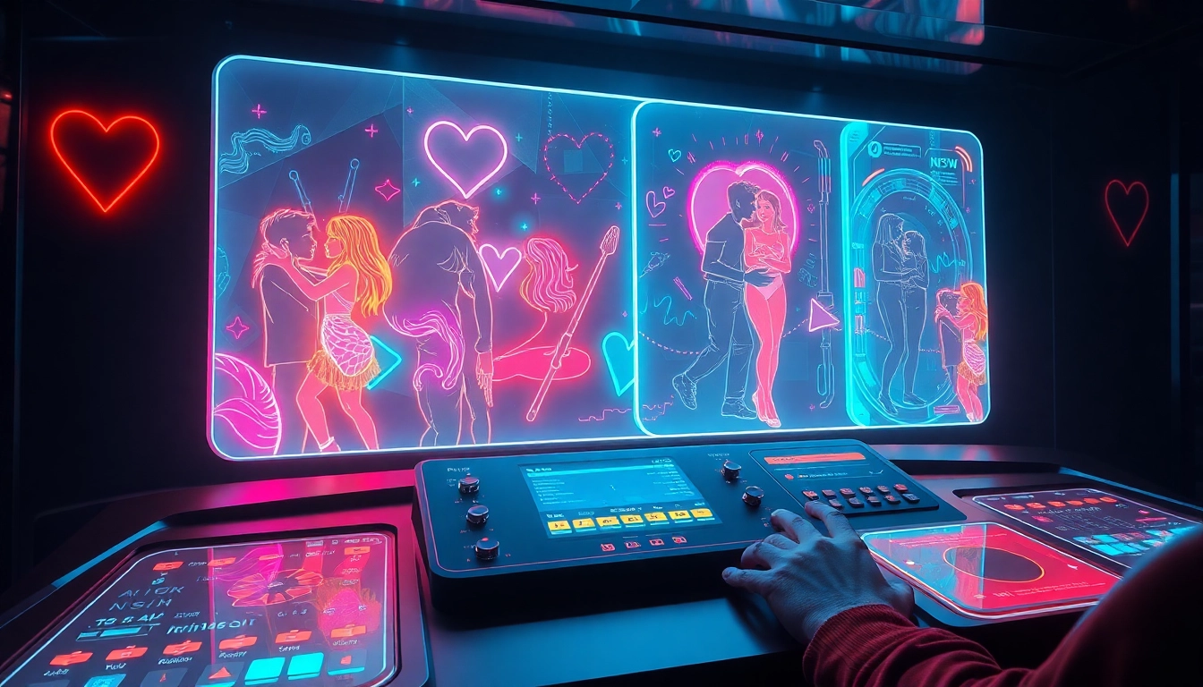 Futuristic AI interface with holographic visuals of characters and neon lighting.