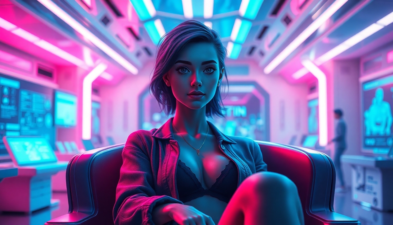 Futuristic scene with a realistic female AI character in a neon-lit room, highlighting immersive virtual interaction.