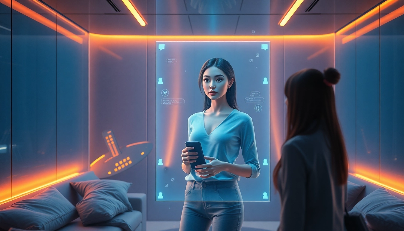 Futuristic digital scene of an AI chat interaction with a realistic female avatar in a sleek, ambient-lit room.