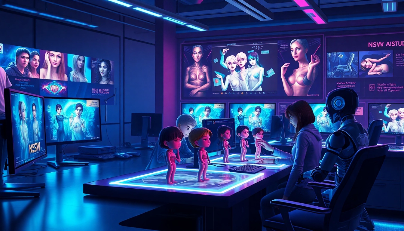 Futuristic AI content creation studio with holographic interfaces and hyper-realistic visuals