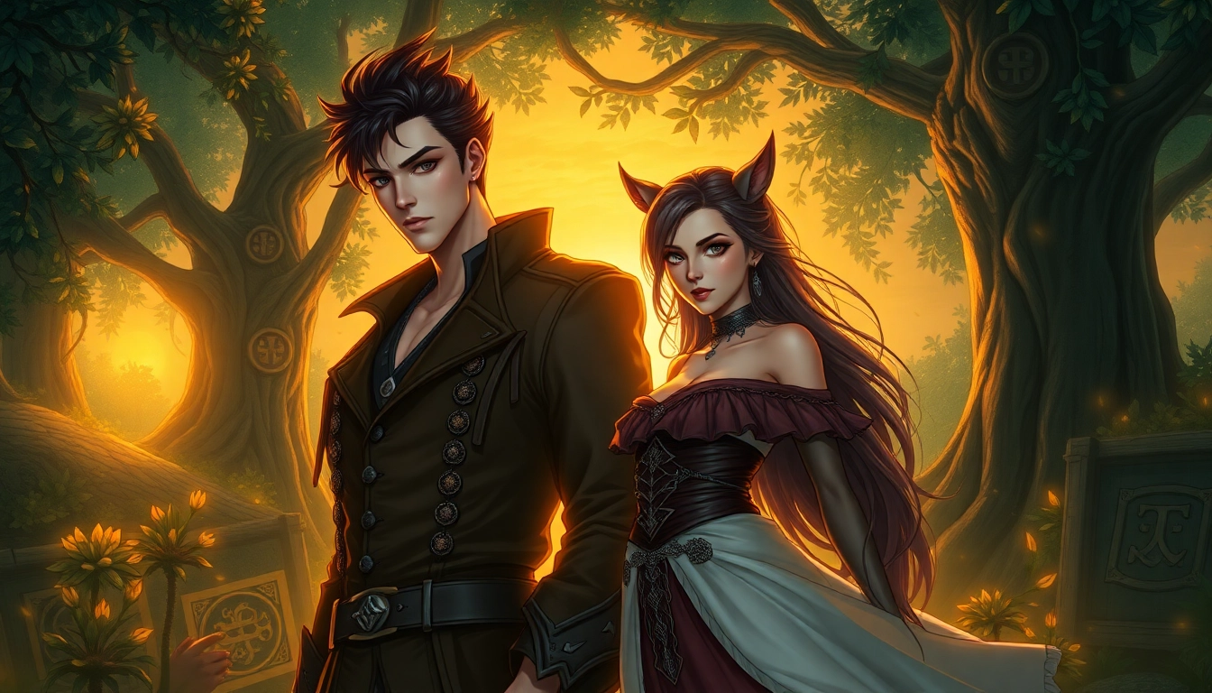 An artistic digital scene of two fantasy characters in a mystical forest at sunset, emphasizing textures and a dramatic mood.