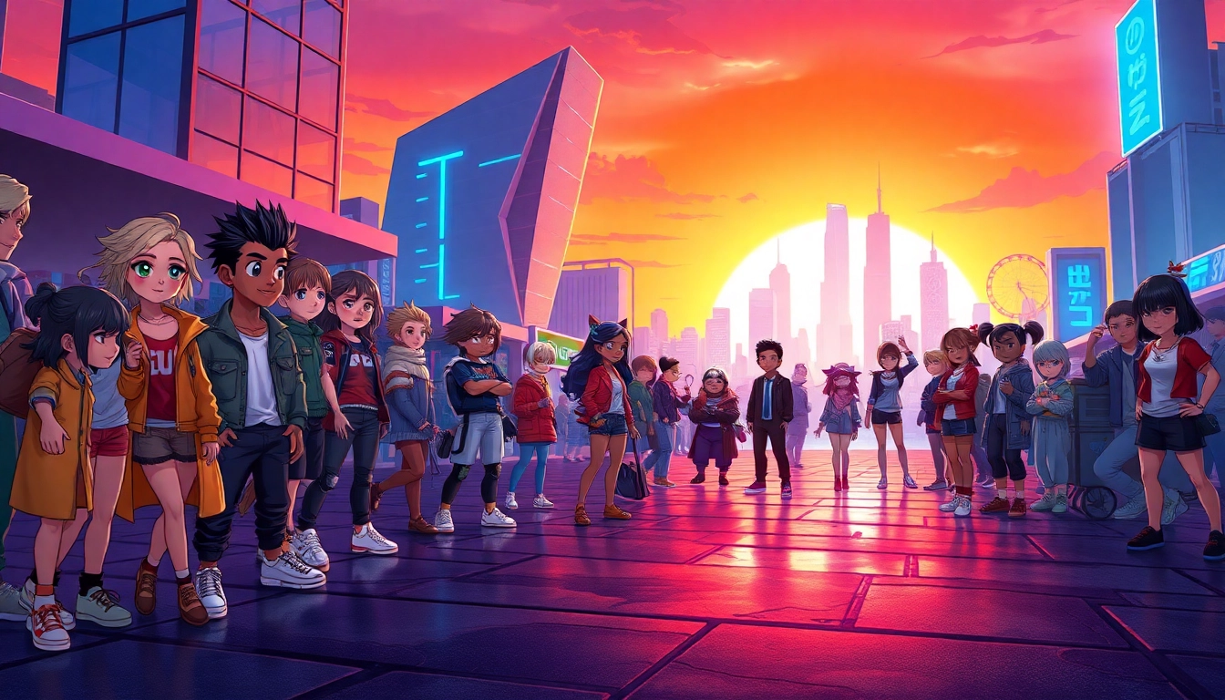 Colorful digital art of diverse characters in a futuristic cityscape at sunset with neon lights.