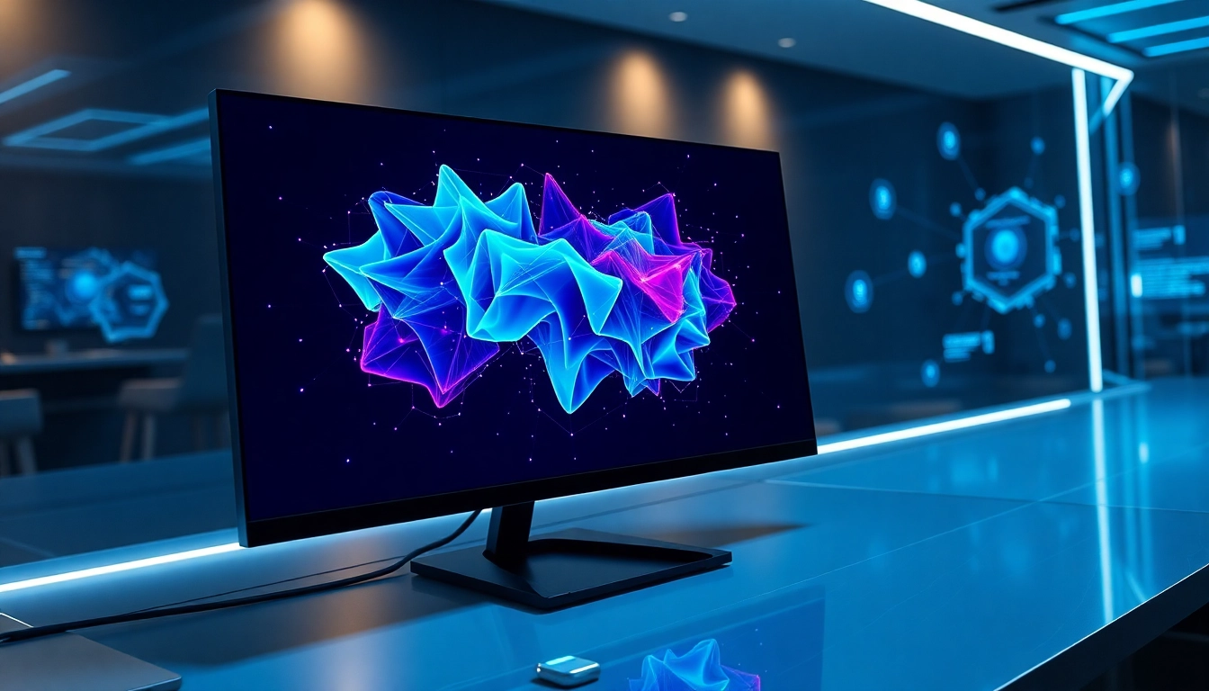 An advanced AI image editing workspace with vibrant, futuristic visuals and holographic interfaces.