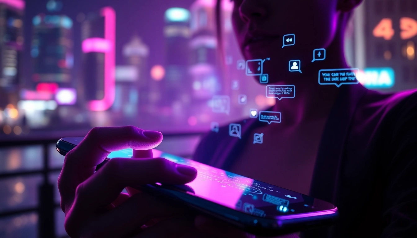 A futuristic digital interaction scene featuring a user engaging with an AI chat interface on a glowing device at night.