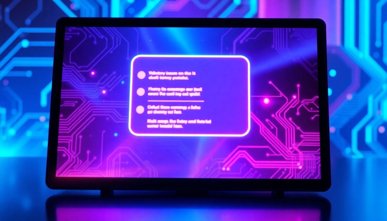 Futuristic AI chatbot interface with neon lights and engaging conversation on a high-tech screen.