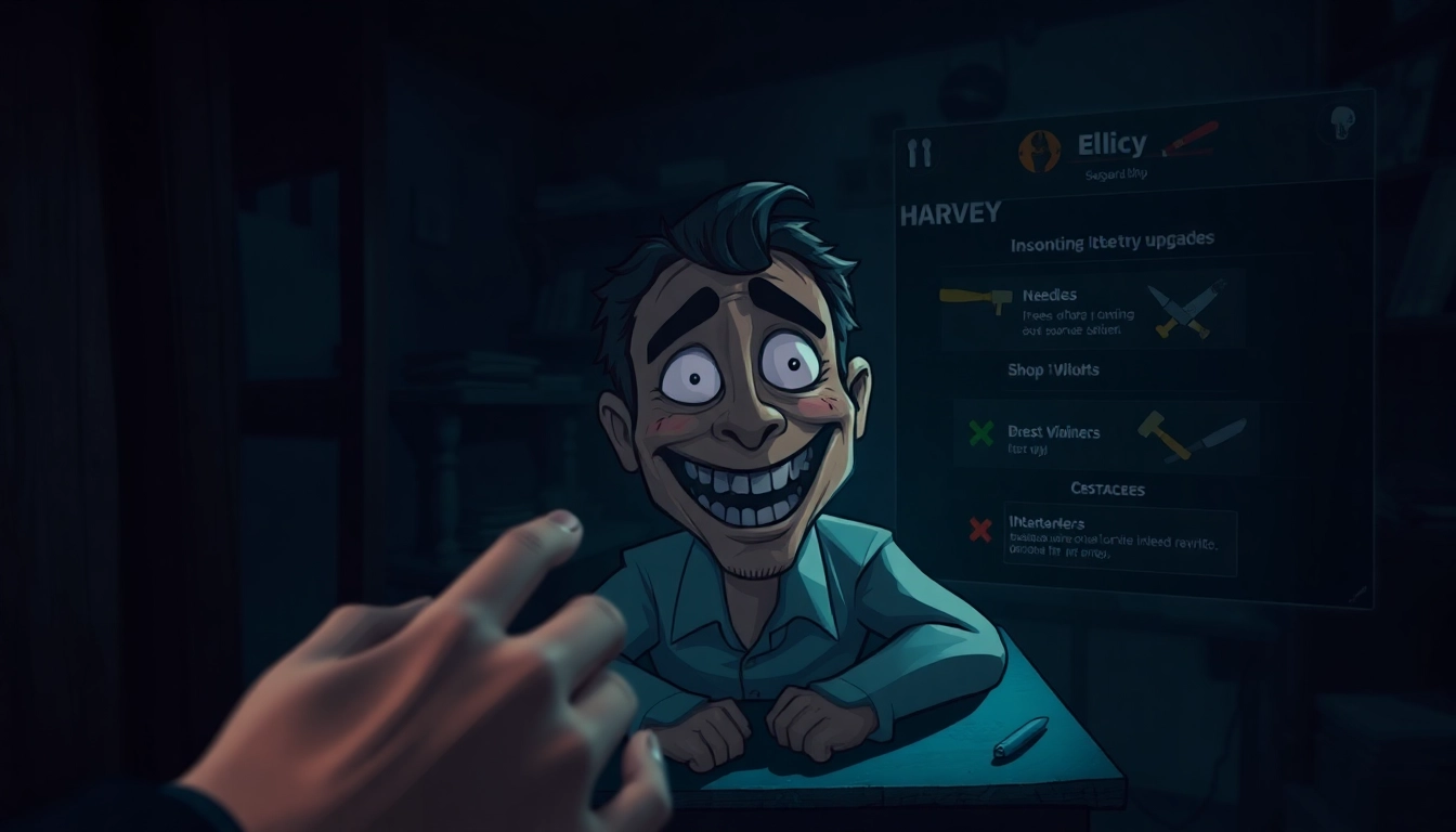 A disturbing close-up of Harvey suffering as he's clicked on, with a dark, moody background and violent upgrade options visible.