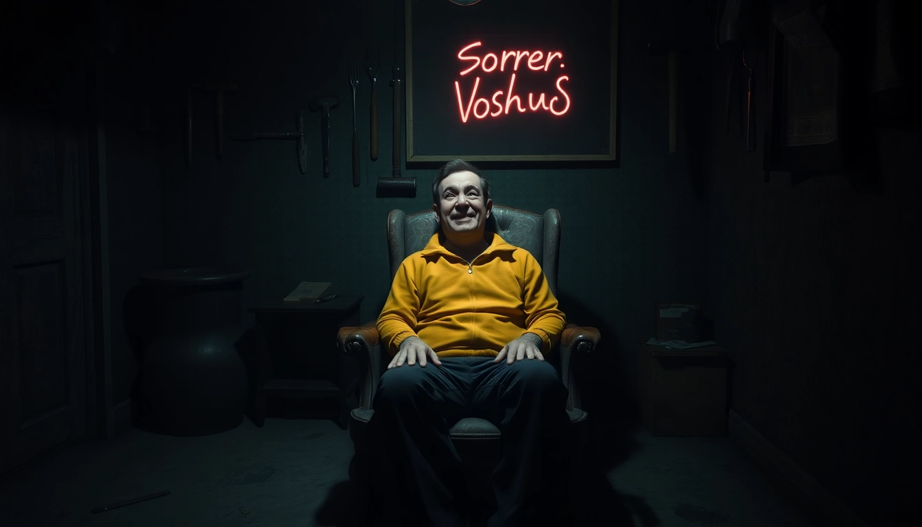 Harvey sitting in a dimly lit room with a distressed expression, surrounded by unsettling tools and shadows.