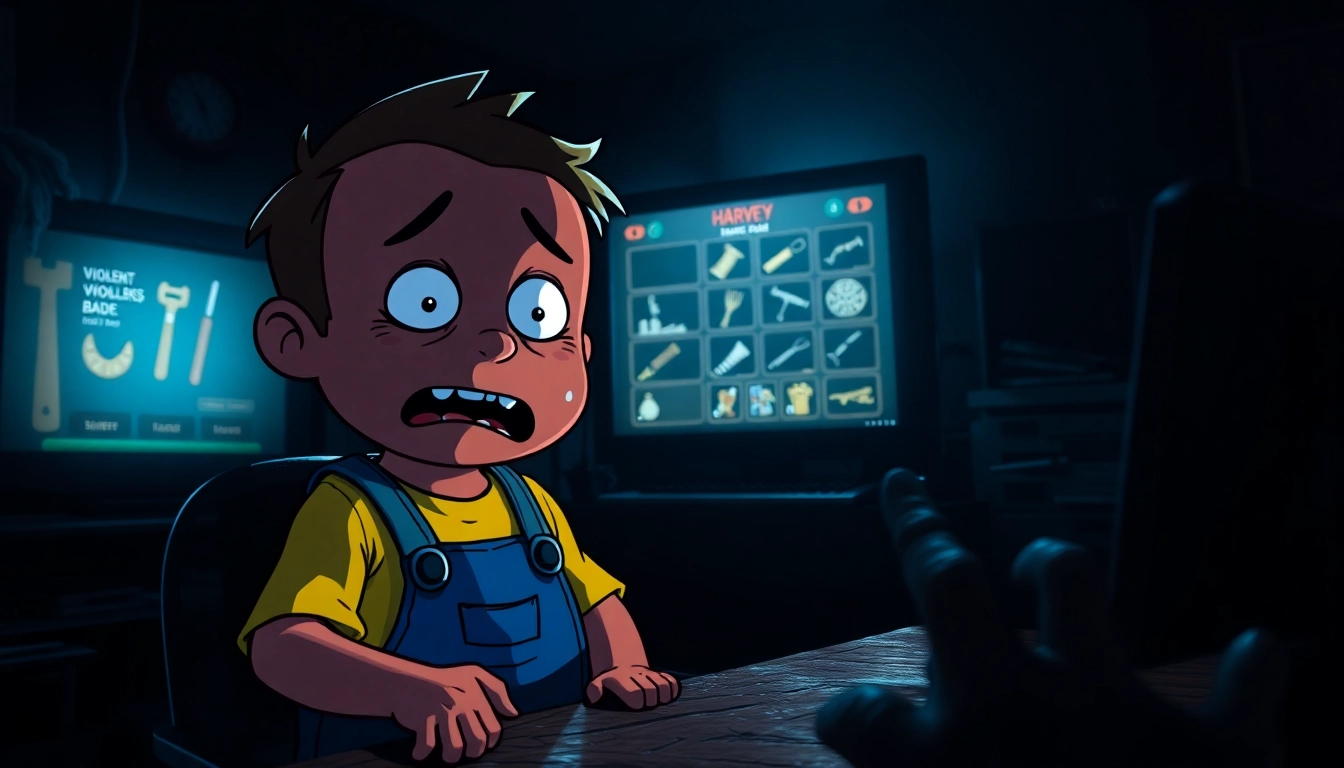 A disturbing scene of Harvey in distress at a dark, gritty desk, with a computer screen showing violent tools, highlighting the game's moral tension.