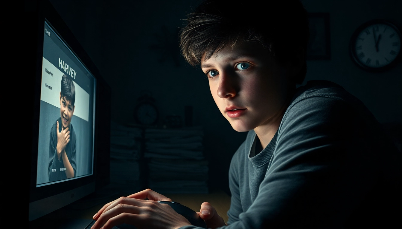 A distressed person contemplating moral choices in a dark room with a computer and a suffering cartoon character named Harvey.