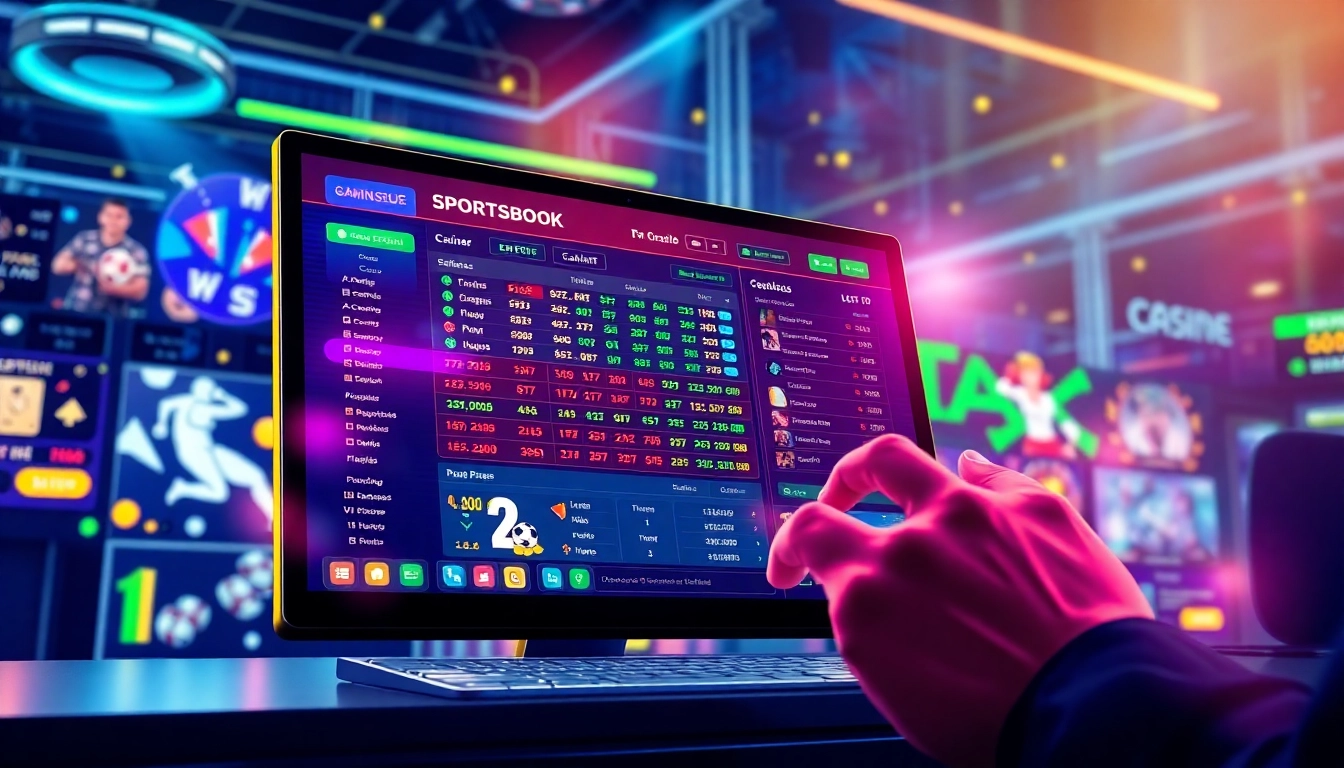 Illustration of a vibrant online sportsbook and casino platform with betting interfaces and digital sports icons.