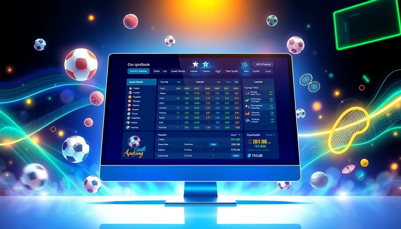 Digital illustration of an online sportsbook interface with sports icons and neon accents.