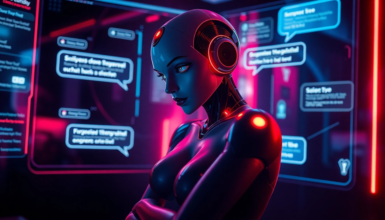 Futuristic AI character with neon accents and seductive posture in a dark digital environment.