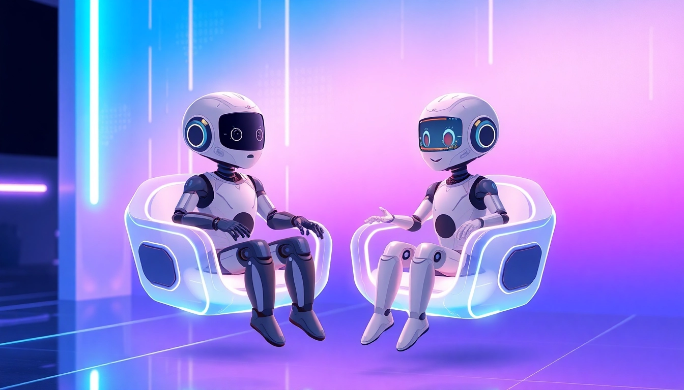 Digital illustration of two AI characters in a neon-lit virtual environment, engaging in conversation with a cyberpunk aesthetic.
