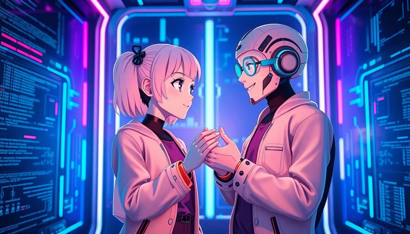 Futuristic digital scene of two stylized AI characters engaging in conversation with neon accents and holographic elements.