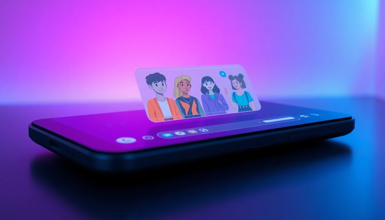 Digital illustration of a futuristic chat interface with colorful AI characters engaging in conversation on a sleek device screen.