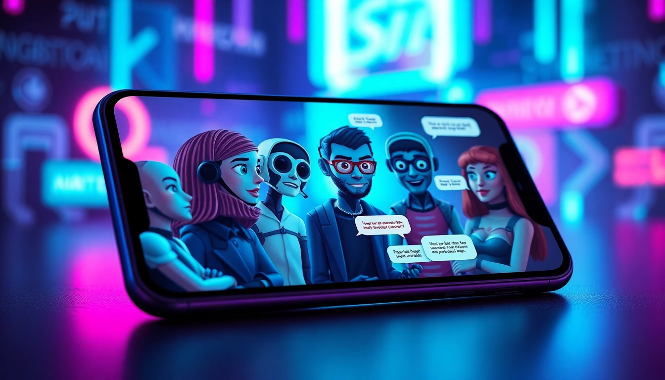 Futuristic AI chat interface with animated characters in a neon-lit cyberpunk setting