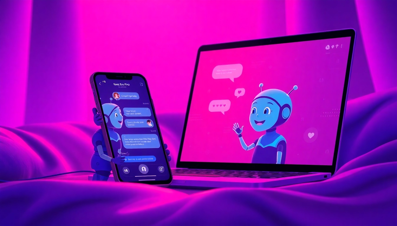 Digital illustration of AI characters interacting on screens with warm, alluring colors and a cozy, intimate setting.