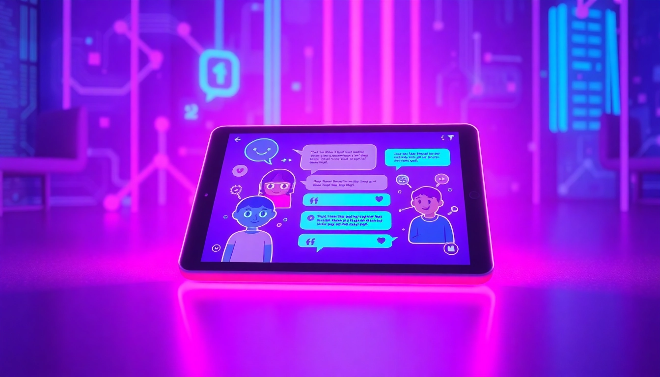 Futuristic digital chat interface with colorful neon glow, featuring AI characters and data streams on a sleek tablet screen.