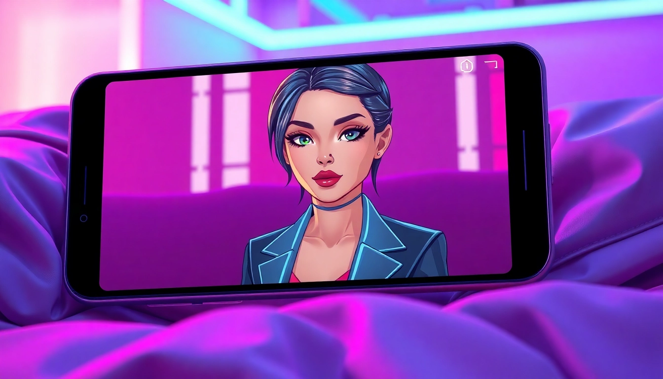 Futuristic AI chatbot interface featuring an attractive female character on a glowing device screen in a cozy, neon-lit room.