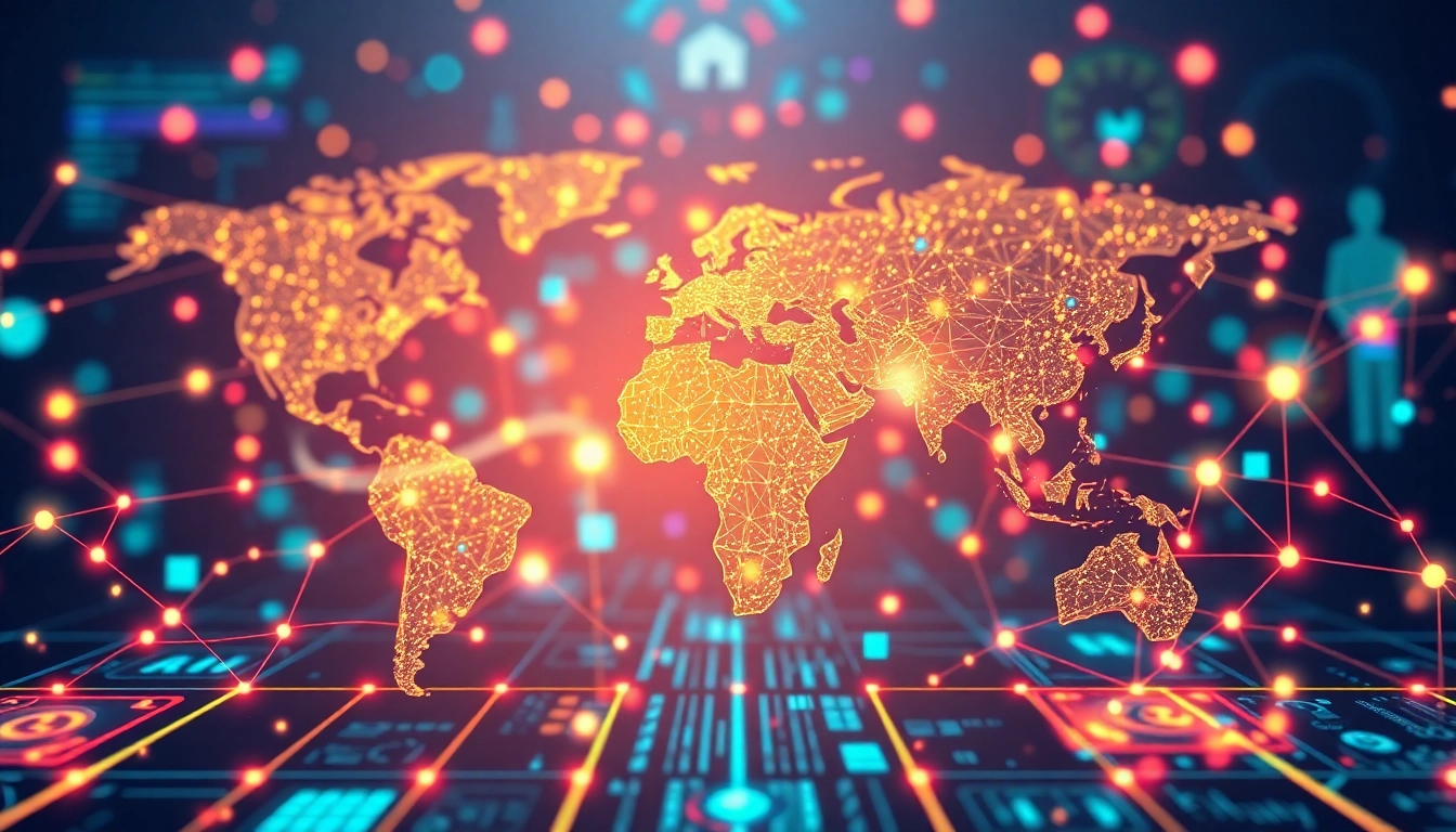 KJC logo positioned at the center of a digital network, illustrating global connectivity, technological innovation, and a vibrant online community experience for user engagement.