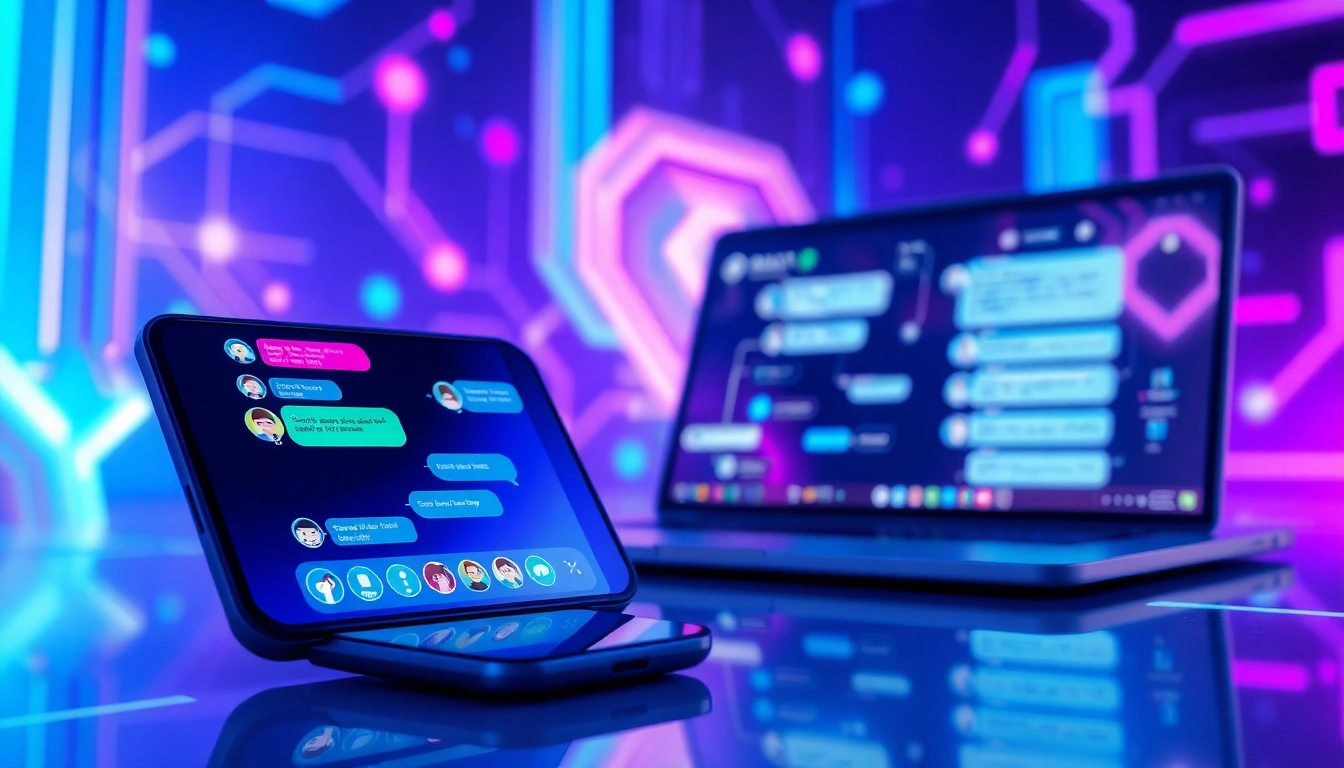 Futuristic AI chatbot interface on smartphones and laptop with colorful chat bubbles and holographic elements in a high-tech environment.