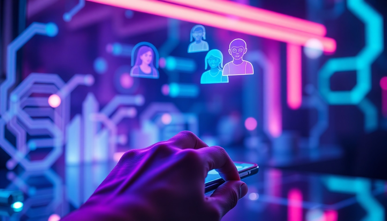 Close-up of a user engaging with an AI chat on a smartphone, with holographic AI characters and neon lights in a futuristic setting.