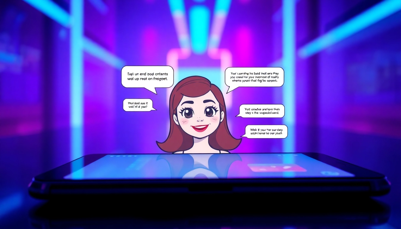 Futuristic digital chat interface featuring an AI girlfriend avatar with vibrant neon colors and animated conversation bubbles.
