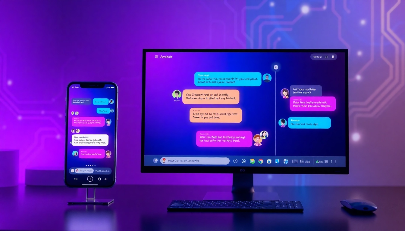 Futuristic AI chatbot interface on smartphone and desktop screens with colorful chat bubbles and high-tech background.