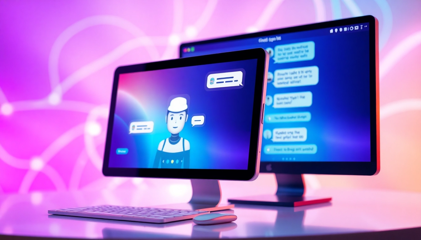 An illustration of a modern chatbot interface on a smartphone and computer with colorful, glowing accents and futuristic background, highlighting engaging AI conversations.
