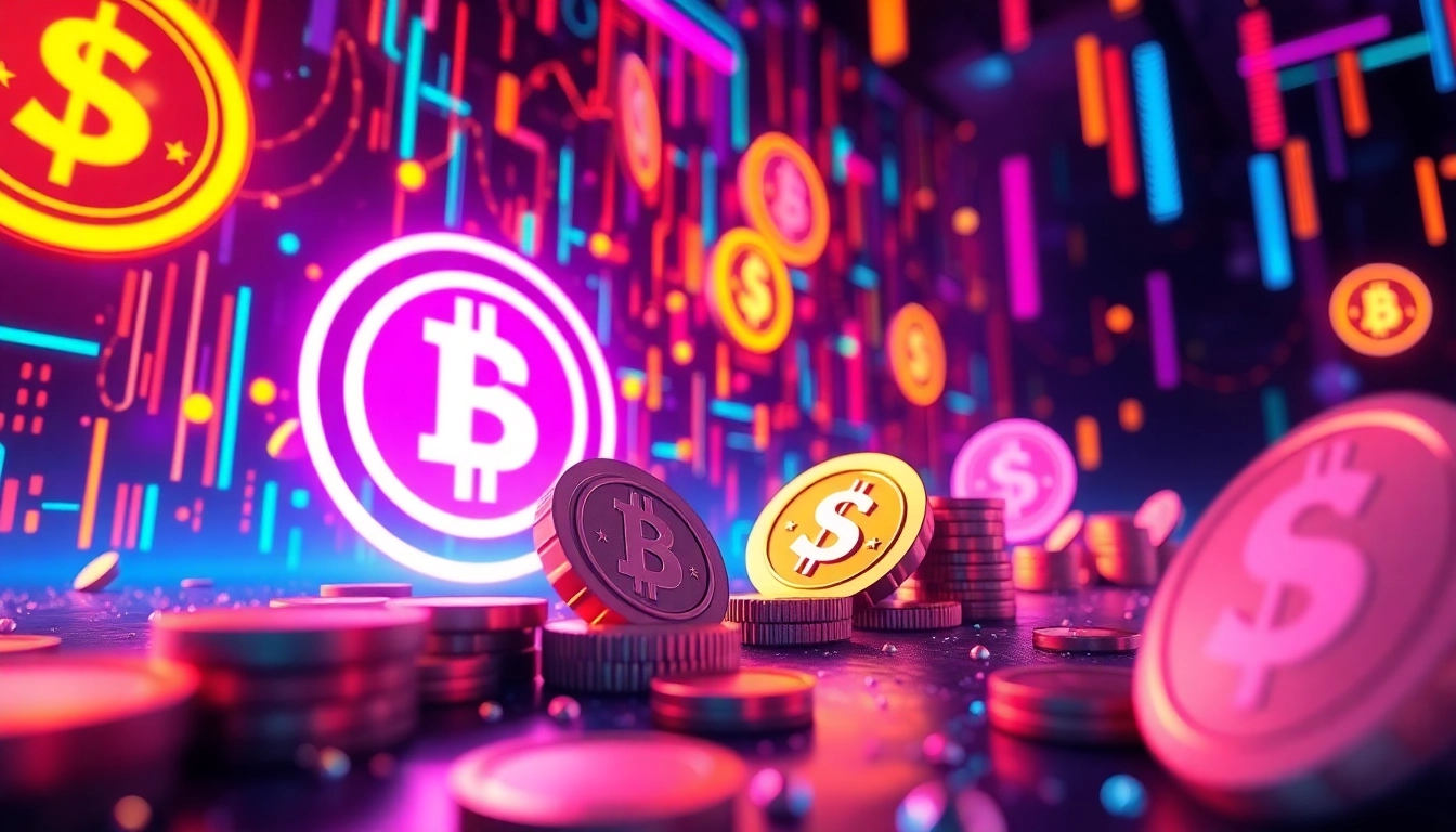 Engage in Meme Coin Staking with vibrant visual of tokens and staking icons that highlight