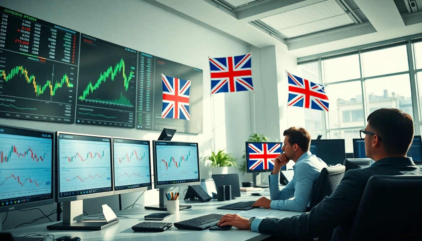 High-quality illustration of Share Trading UK with traders analyzing stock charts on monitors