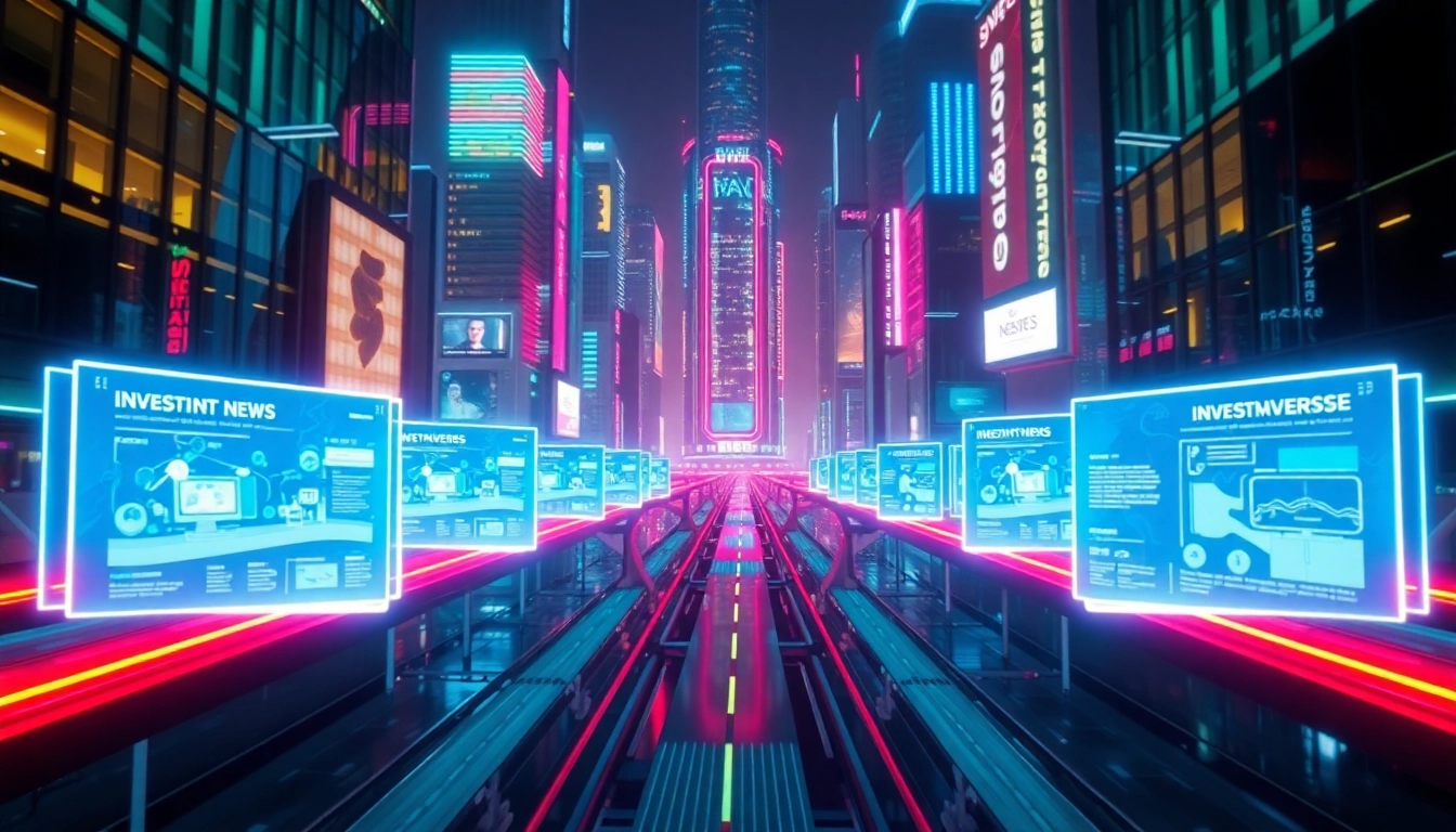 Metaverse Investment News coverage with a vibrant futuristic cityscape and holographic