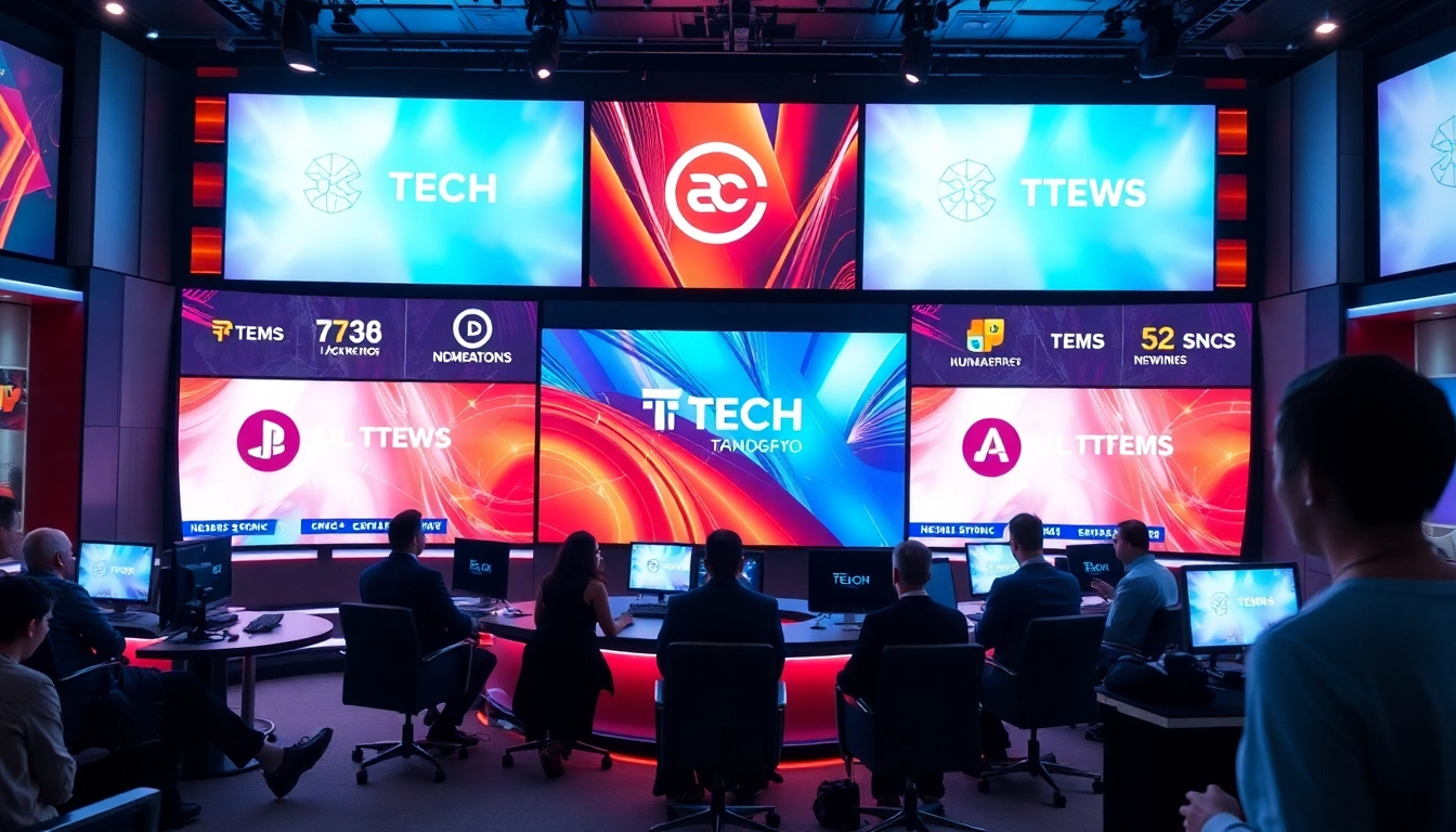 Tech Giants News updates displayed on digital screens in a professional newsroom setting with