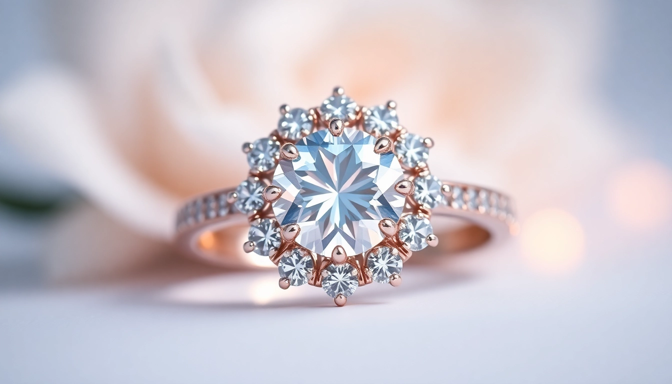 Close-up of a dazzling halo engagement ring with sparkling diamonds and elegant design, perfect