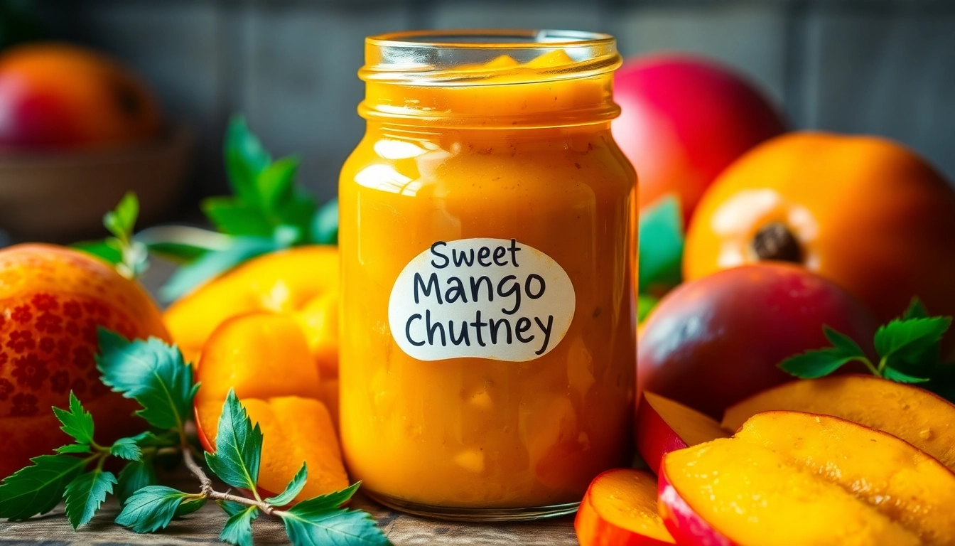 Close-up of sweet mango chutney in a glass jar with mango slices and herbs, highlighting rich