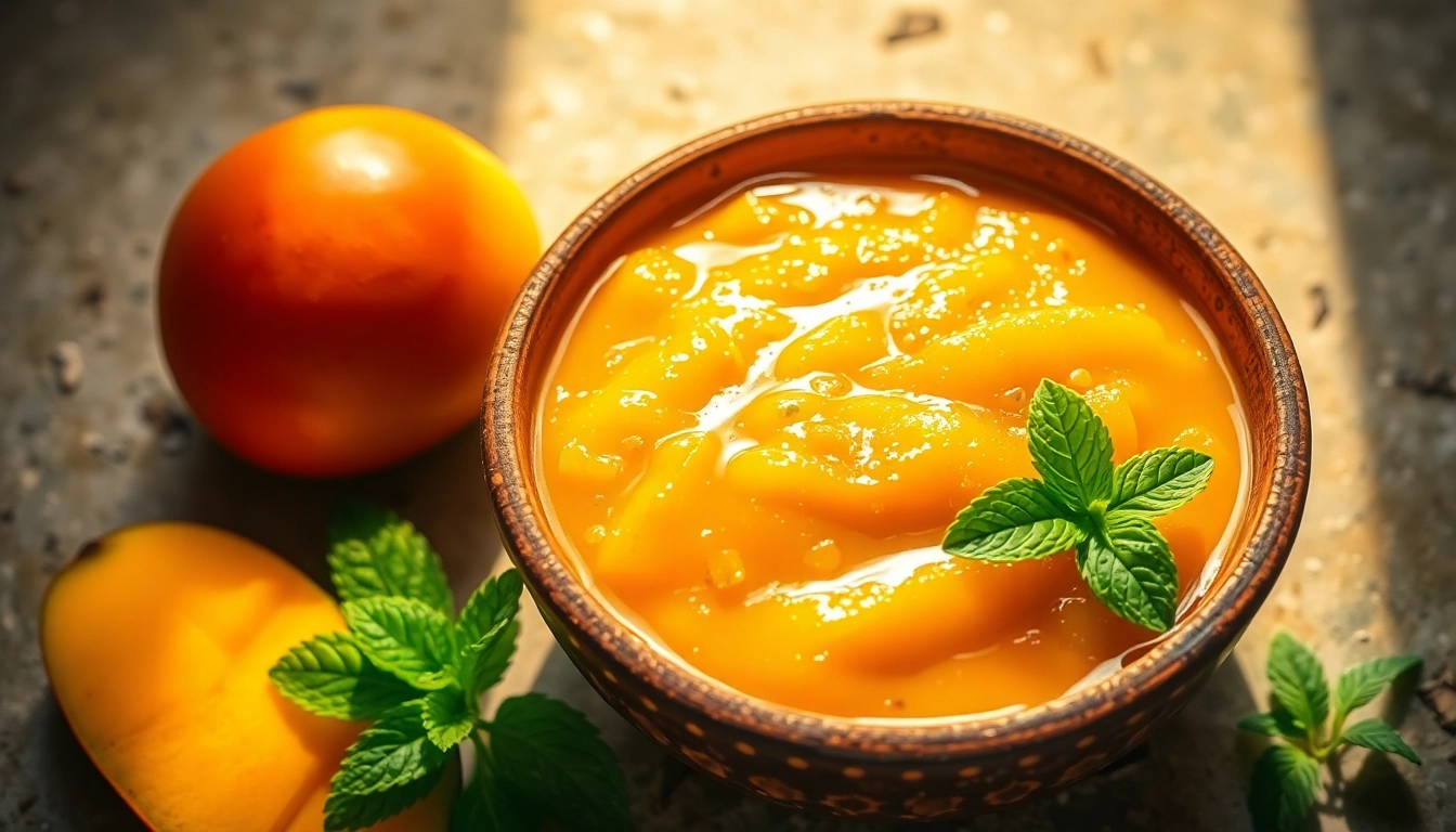 Creative shot of sweet mango chutney being spooned from a bowl with fresh mango pieces,